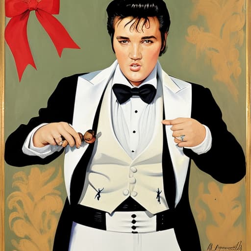  Elvis Presley wearing a white tuxedo with bow tie holding an open box of fine chocolates. Painted in the style of Édouard Manet