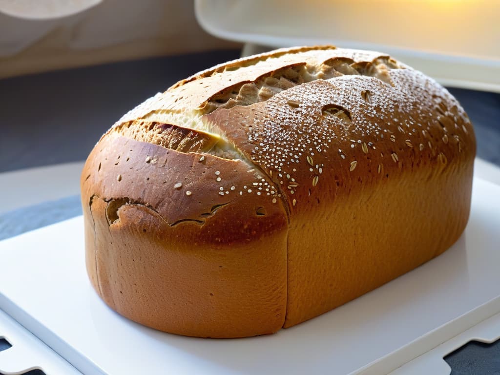  An ultradetailed closeup image of a rustic loaf of rye bread, freshly baked and steaming, with a goldenbrown crust that glistens under soft lighting. The texture of the bread's crumb should be visible, showcasing the irregular air pockets characteristic of a wellmade rye loaf. The background should be subtly blurred, emphasizing the wholesome simplicity of the bread, inviting the viewer to appreciate the artistry and flavor of traditional rye baking. hyperrealistic, full body, detailed clothing, highly detailed, cinematic lighting, stunningly beautiful, intricate, sharp focus, f/1. 8, 85mm, (centered image composition), (professionally color graded), ((bright soft diffused light)), volumetric fog, trending on instagram, trending on tumblr, HDR 4K, 8K