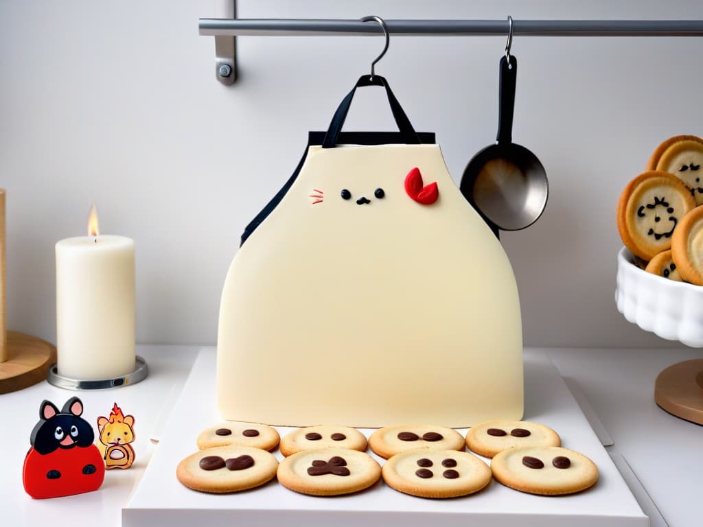  An ultradetailed 8k image of a minimalist kitchen with subtle Studio Ghibliinspired elements like a Totoroshaped cookie cutter, a Calcifer oven mitt, and a Kiki's Delivery Service themed apron hanging elegantly on a hook. The kitchen counter displays freshly baked cookies resembling the iconic Kodama spirits from Princess Mononoke, set against a backdrop of soft pastel walls and a small potted plant reminiscent of the enchanting atmosphere found in Studio Ghibli films. hyperrealistic, full body, detailed clothing, highly detailed, cinematic lighting, stunningly beautiful, intricate, sharp focus, f/1. 8, 85mm, (centered image composition), (professionally color graded), ((bright soft diffused light)), volumetric fog, trending on instagram, trending on tumblr, HDR 4K, 8K