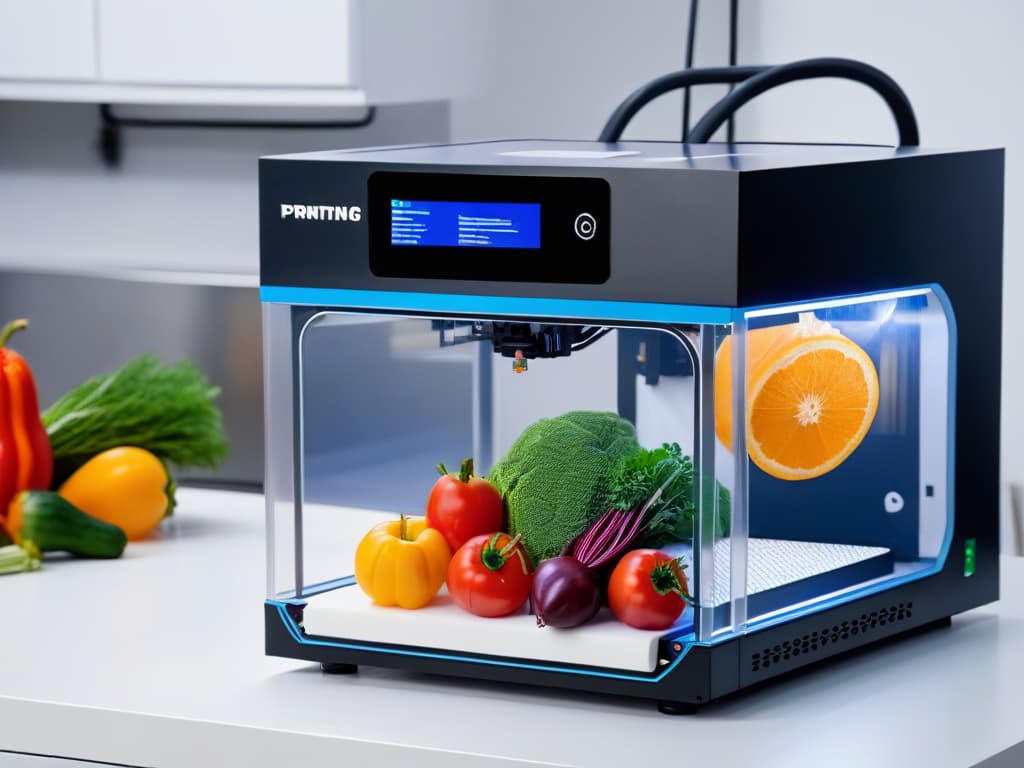  A photorealistic image showcasing a modern, sleek 3D printer manufacturing intricate and detailed fruits and vegetables out of colorful, foodsafe materials. The printer is placed in a clean, futuristic kitchen setting, with soft lighting highlighting the precision and sophistication of the printing process. The fruits and vegetables being produced appear vibrant and realistic, almost indistinguishable from actual produce, emphasizing the potential of 3D printing technology in ensuring food safety and quality. hyperrealistic, full body, detailed clothing, highly detailed, cinematic lighting, stunningly beautiful, intricate, sharp focus, f/1. 8, 85mm, (centered image composition), (professionally color graded), ((bright soft diffused light)), volumetric fog, trending on instagram, trending on tumblr, HDR 4K, 8K