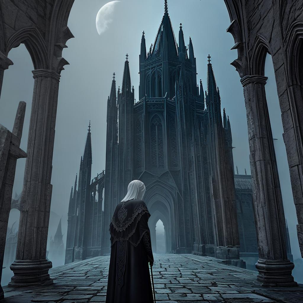  in a gothic aesthetic, Ethereal spires pierce the moonlit sky, as ancient arches weave tales of forgotten realms in a Gothic tapestry.