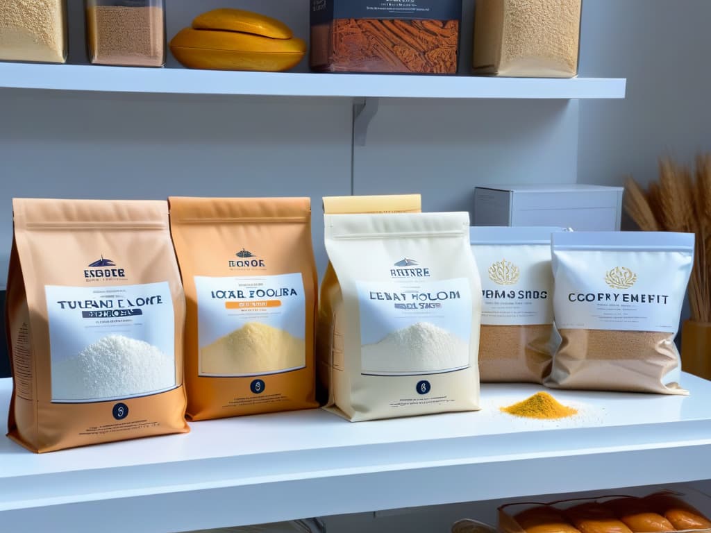  A closeup, ultradetailed image of a selection of glutenfree flour types in sleek, modern packaging arranged on a pristine white marble countertop, with soft, natural lighting casting gentle shadows. Each flour bag prominently displays its label in elegant typography, showcasing a variety of colors and textures that convey a sense of premium quality and sophistication. hyperrealistic, full body, detailed clothing, highly detailed, cinematic lighting, stunningly beautiful, intricate, sharp focus, f/1. 8, 85mm, (centered image composition), (professionally color graded), ((bright soft diffused light)), volumetric fog, trending on instagram, trending on tumblr, HDR 4K, 8K