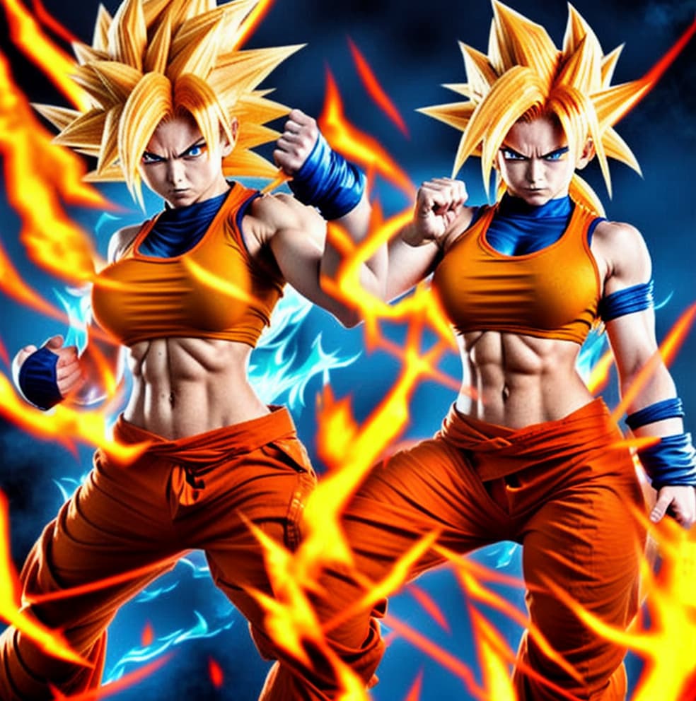  Female super sayan, red goku kostüm. Cute body. Sayan hair, fire eyes, fire hands, high resolution