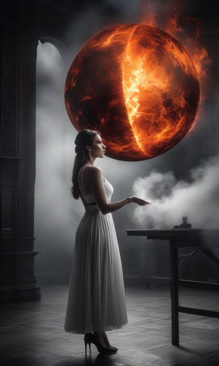  A fiery orb hovered in front of a beautiful frightened girl from another world, the picture divided into a black and white part. In the black part, the fiery orb, in the white part, the girl stands. Mysticism, fantasy. hyperrealistic, full body, detailed clothing, highly detailed, cinematic lighting, stunningly beautiful, intricate, sharp focus, f/1. 8, 85mm, (centered image composition), (professionally color graded), ((bright soft diffused light)), volumetric fog, trending on instagram, trending on tumblr, HDR 4K, 8K