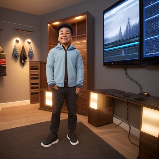  (A boy happy in a his room studio after making so much money from his computer), photorealistic, highly detailed, 4k, high quality hyperrealistic, full body, detailed clothing, highly detailed, cinematic lighting, stunningly beautiful, intricate, sharp focus, f/1. 8, 85mm, (centered image composition), (professionally color graded), ((bright soft diffused light)), volumetric fog, trending on instagram, trending on tumblr, HDR 4K, 8K