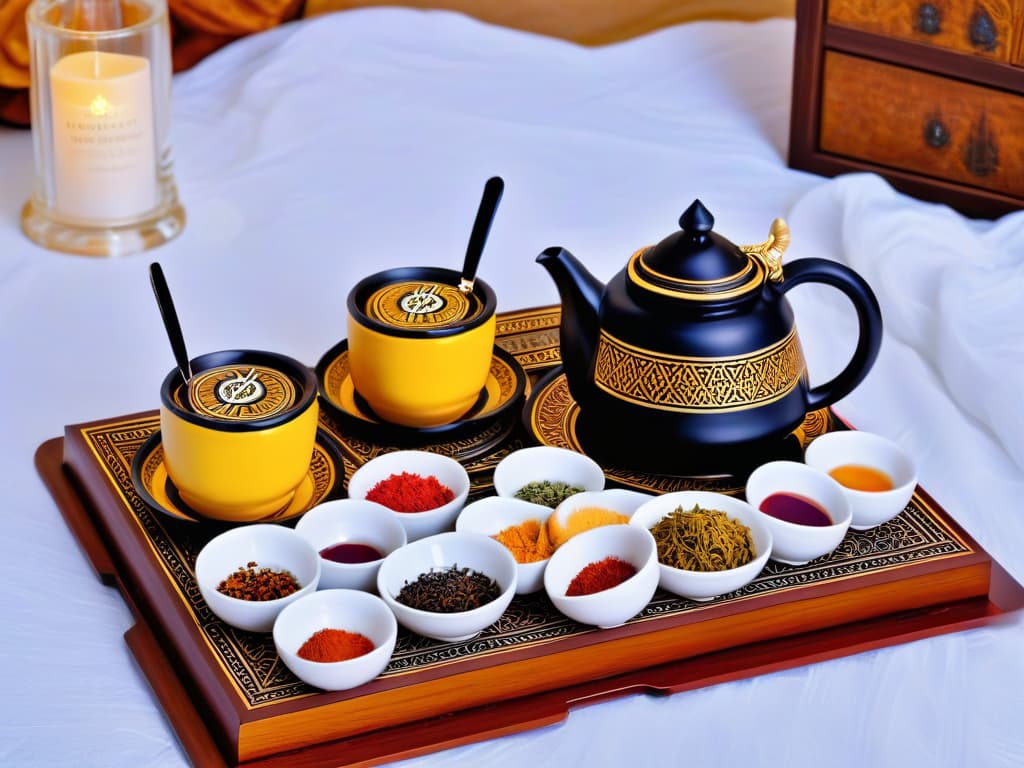  An intricately decorated Moroccan tea set, featuring vibrant handpainted ceramic teacups, a detailed teapot with delicate engravings, and a colorful patterned tea tray adorned with traditional Moroccan motifs such as geometric designs and floral patterns. The background showcases a glimpse of a bustling Moroccan marketplace with hints of exotic spices and textiles, capturing the essence of Moroccan hospitality and culture. hyperrealistic, full body, detailed clothing, highly detailed, cinematic lighting, stunningly beautiful, intricate, sharp focus, f/1. 8, 85mm, (centered image composition), (professionally color graded), ((bright soft diffused light)), volumetric fog, trending on instagram, trending on tumblr, HDR 4K, 8K