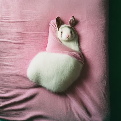 analog style A sleeping bunny with white fur and a pink blanket