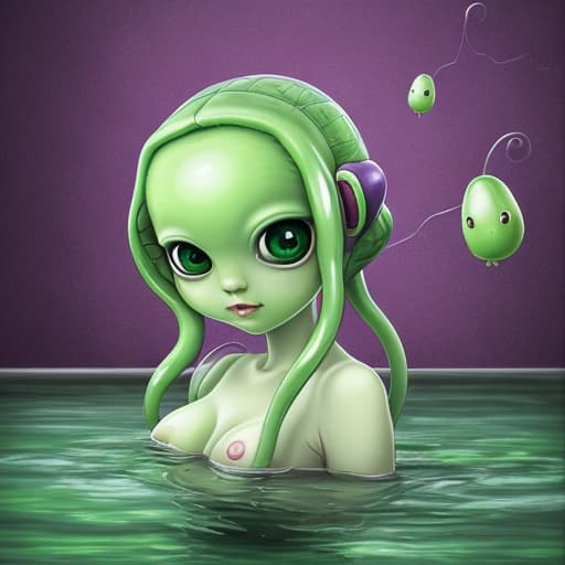  Portrait of my waifu cute innocent green slimy alien, whimsical pond