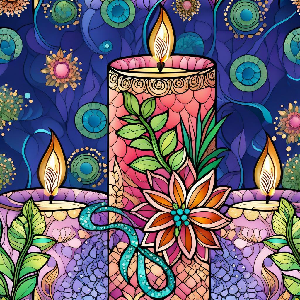  zentangle (Background):Dark blue night sky. In the sky turquoise golden stars and emerald fireworks. There are three candles on the background of the night sky. In the centre one is tall, on the sides wide and lower. (First candle decor)::pink framed with gold patterns and swirls of drops. In the middle of the candle is a flower bud and stem with emerald coloured leaves. Under the flower the candle is tied with a ribbon of blue blue colour. (Second and third candle decor):purple colour, framed with golden drops. In the middle is a purple coloured flower bud and stems with emerald coloured leaves. Zentangle have the signature uneven edge and rounded corners. The original tiles are in the form of geometric shapes: square, triangle, rectangle  hyperrealistic, full body, detailed clothing, highly detailed, cinematic lighting, stunningly beautiful, intricate, sharp focus, f/1. 8, 85mm, (centered image composition), (professionally color graded), ((bright soft diffused light)), volumetric fog, trending on instagram, trending on tumblr, HDR 4K, 8K