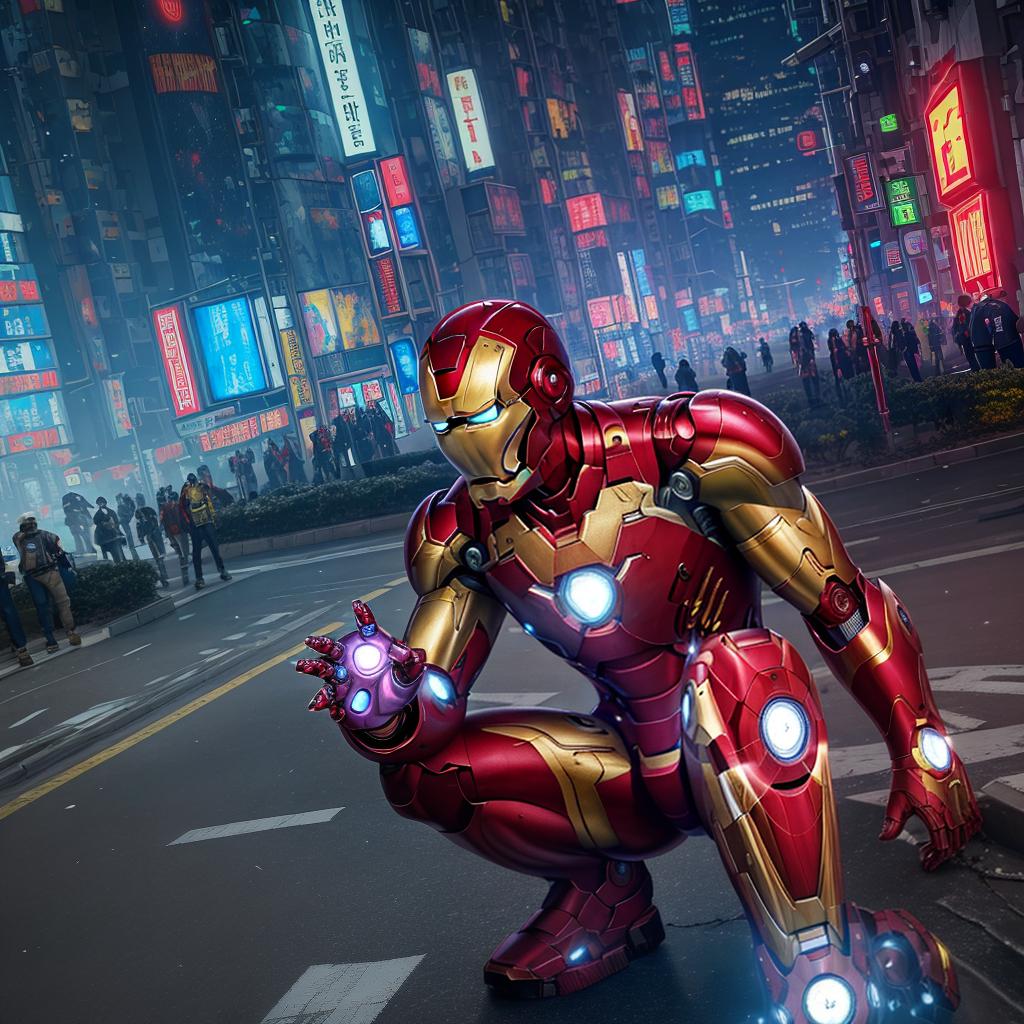  masterpiece, best quality, masterpiece, 8k resolution, realistic, highly detailed, Iron Man close-up. He stands on a street lined with tall buildings in a cyberpunk style city at night. The city's night lights are bright, and the surrounding buildings and streets are full of cyberpunk elements such as neon lights, high-tech equipment and futuristic architectural design.