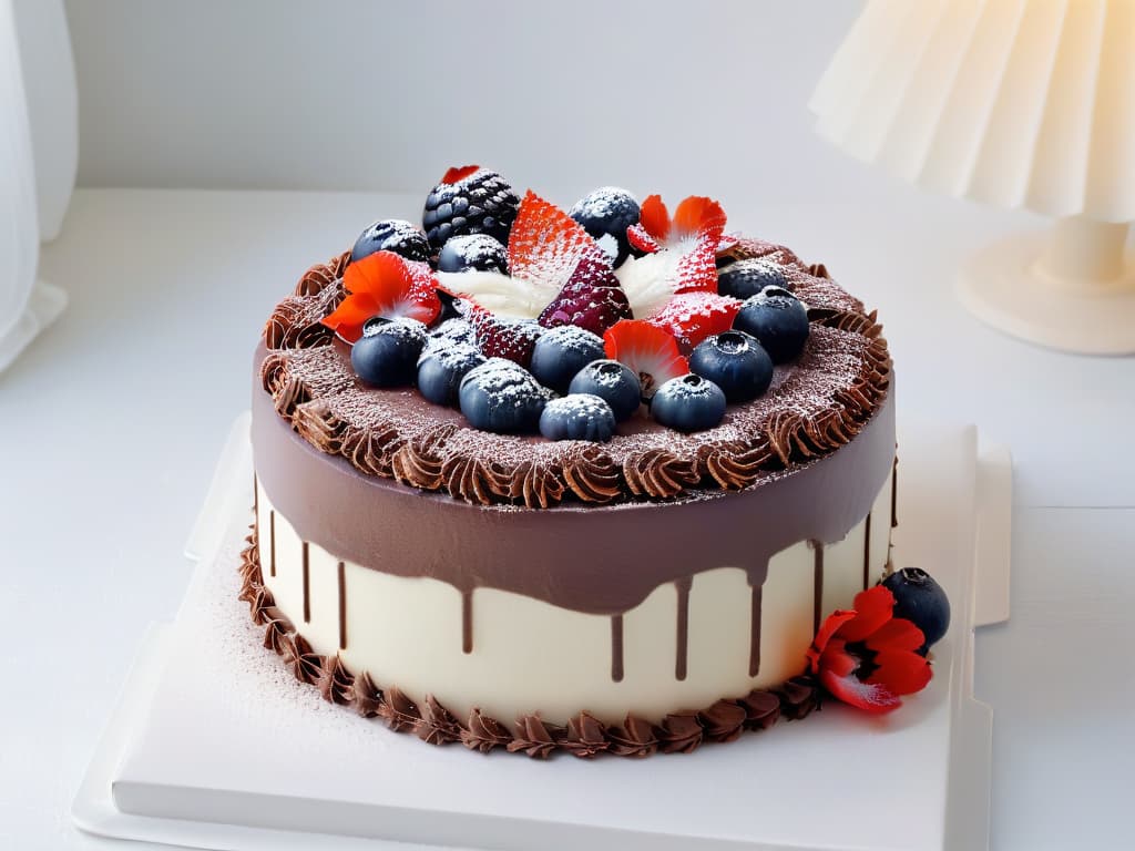  An ultradetailed closeup image of a beautifully decorated vegan chocolate cake on a sleek, modern white cake stand. The cake is adorned with intricate chocolate shavings, edible flowers, and fresh berries, creating a visually stunning and appetizing display. The lighting is soft, highlighting the textures and colors of the dessert, making the viewer almost able to taste the rich, indulgent flavors of the vegan masterpiece. hyperrealistic, full body, detailed clothing, highly detailed, cinematic lighting, stunningly beautiful, intricate, sharp focus, f/1. 8, 85mm, (centered image composition), (professionally color graded), ((bright soft diffused light)), volumetric fog, trending on instagram, trending on tumblr, HDR 4K, 8K