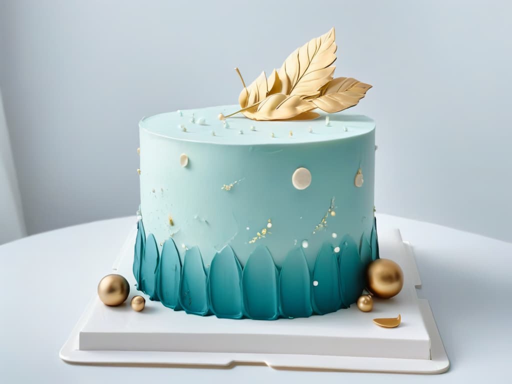  A highresolution, 8k ultradetailed image of a beautifully crafted, contemporary cake masterpiece, featuring intricate geometric designs in pastel colors with edible gold leaf accents. The cake is displayed on a clean, minimalist white background, emphasizing the artistry and creativity of modern pastry making. hyperrealistic, full body, detailed clothing, highly detailed, cinematic lighting, stunningly beautiful, intricate, sharp focus, f/1. 8, 85mm, (centered image composition), (professionally color graded), ((bright soft diffused light)), volumetric fog, trending on instagram, trending on tumblr, HDR 4K, 8K