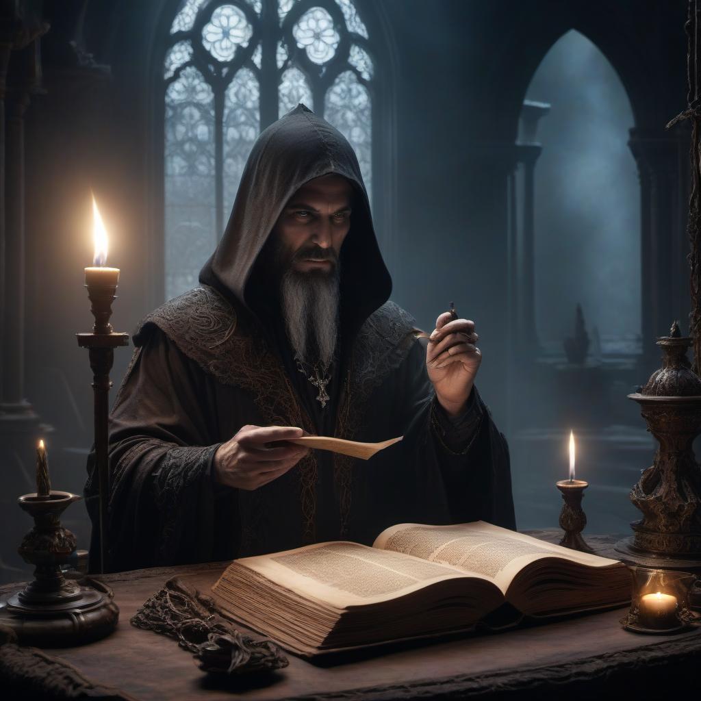  macabre style The sorcerer pulls out a page with a spell to make a scroll. . dark, gothic, grim, haunting, highly detailed hyperrealistic, full body, detailed clothing, highly detailed, cinematic lighting, stunningly beautiful, intricate, sharp focus, f/1. 8, 85mm, (centered image composition), (professionally color graded), ((bright soft diffused light)), volumetric fog, trending on instagram, trending on tumblr, HDR 4K, 8K