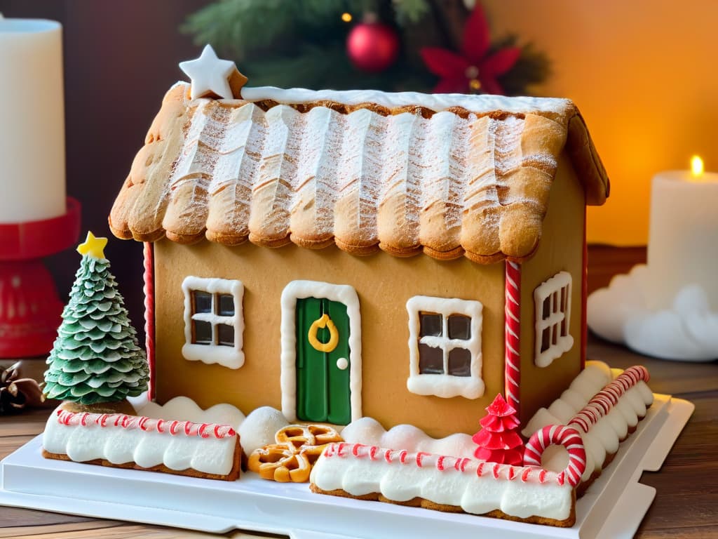  An intricately decorated gingerbread house with colorful icing, candy cane pillars, and a snowy frosting roof, surrounded by a variety of beautifully crafted Christmas cookies in festive shapes such as stars, bells, and Christmas trees. The scene is set on a rustic wooden table adorned with pine branches, twinkling fairy lights, and a dusting of powdered sugar, creating a warm and inviting holiday atmosphere. hyperrealistic, full body, detailed clothing, highly detailed, cinematic lighting, stunningly beautiful, intricate, sharp focus, f/1. 8, 85mm, (centered image composition), (professionally color graded), ((bright soft diffused light)), volumetric fog, trending on instagram, trending on tumblr, HDR 4K, 8K