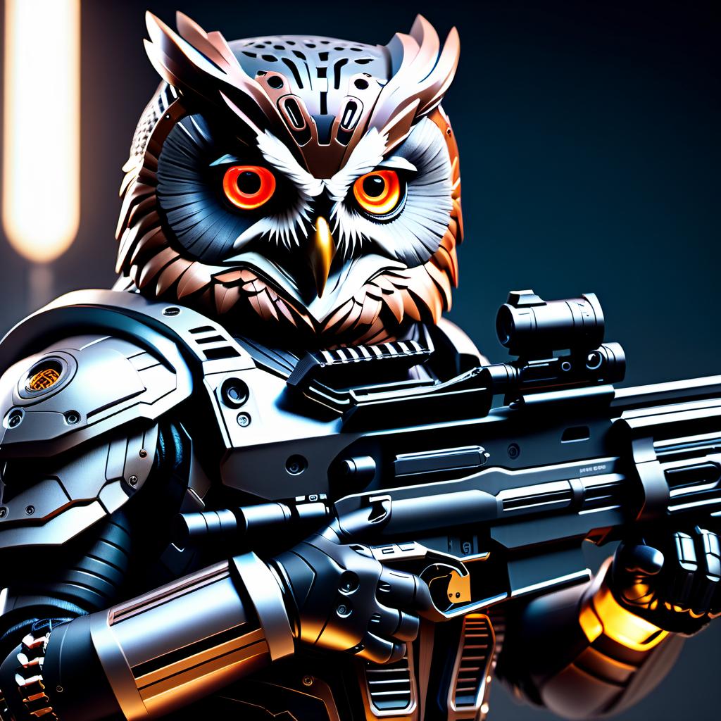  cybernetic style OWL with assault rifle in hands and half face of robotic . futuristic, technological, cybernetic enhancements, robotics, artificial intelligence themes hyperrealistic, full body, detailed clothing, highly detailed, cinematic lighting, stunningly beautiful, intricate, sharp focus, f/1. 8, 85mm, (centered image composition), (professionally color graded), ((bright soft diffused light)), volumetric fog, trending on instagram, trending on tumblr, HDR 4K, 8K