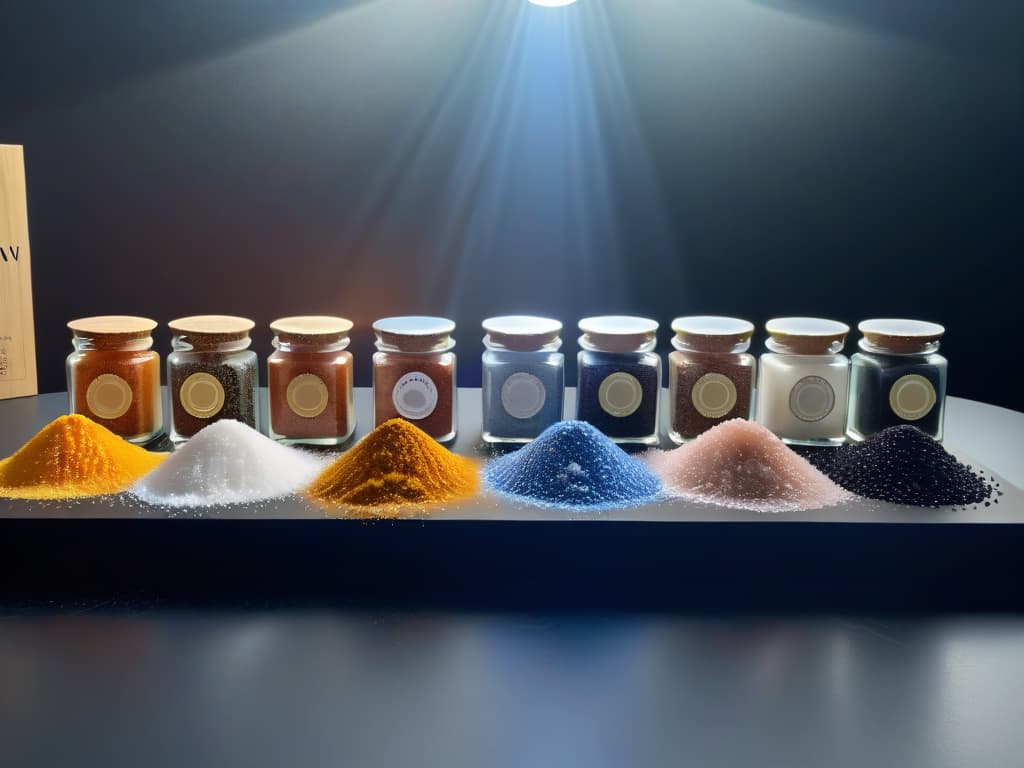  An ultradetailed image of a sleek, modern kitchen countertop adorned with an array of exotic salts from around the world. Each salt variety is showcased in small, elegant glass jars with minimalist labels indicating their origin, such as pink Himalayan salt, black lava salt from Hawaii, and blue Persian salt. The salts glitter under the soft glow of recessed lighting, creating a visually stunning and luxurious display that perfectly complements the theme of incorporating exotic salts into baking. hyperrealistic, full body, detailed clothing, highly detailed, cinematic lighting, stunningly beautiful, intricate, sharp focus, f/1. 8, 85mm, (centered image composition), (professionally color graded), ((bright soft diffused light)), volumetric fog, trending on instagram, trending on tumblr, HDR 4K, 8K