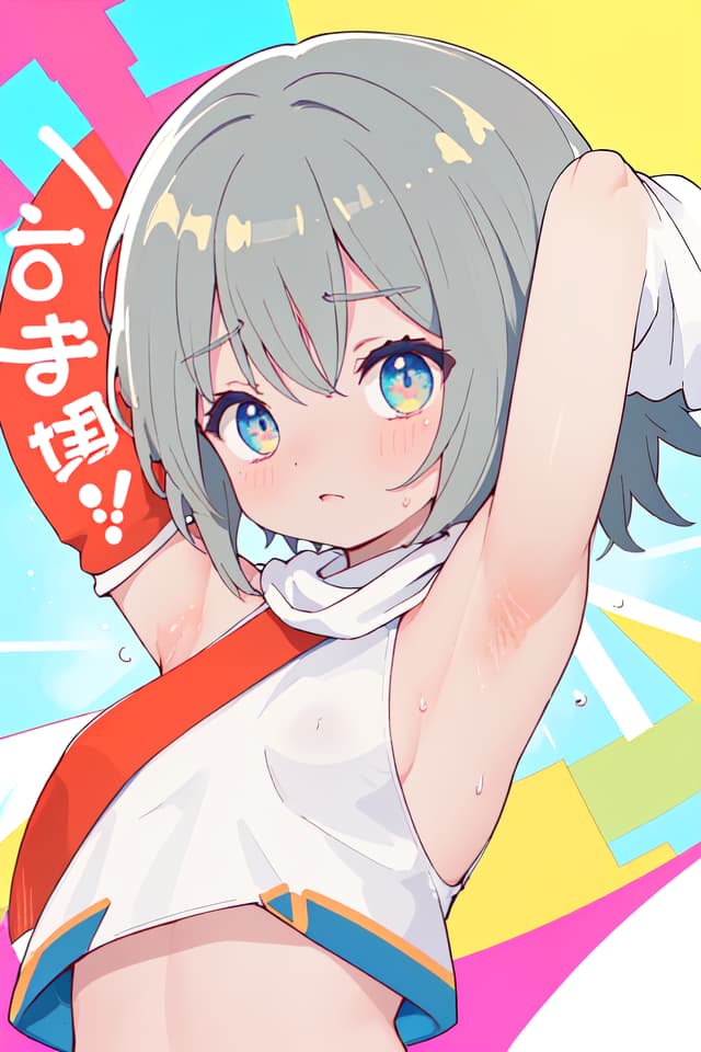  Sleeve, the armpits can be seen, both arms are raised, armpit sweat