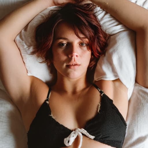 analog style cute young female, black and red hair bangs, no clothes, open, laying back in bed with legs in air, bushy pubic hair, clear detailed photo, sharp focus, high resolution, 4k uhd, perfectly detailed big eyes,