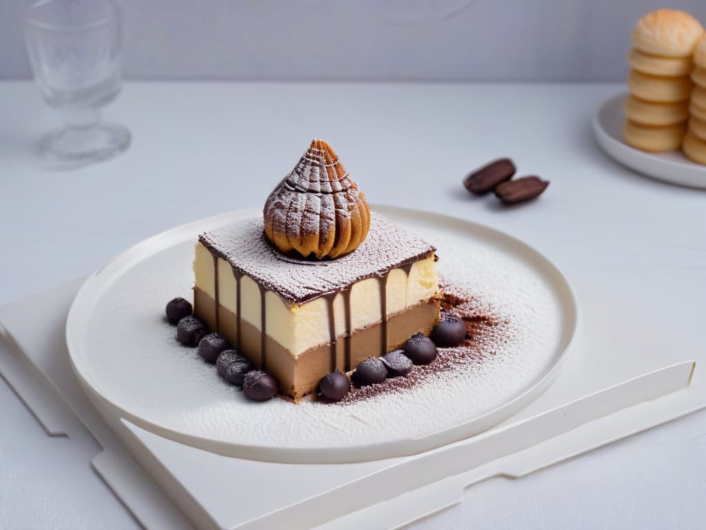  A highresolution, minimalist image of a delicate tiramisù dessert elegantly presented on a white porcelain plate, garnished with a dusting of cocoa powder and a single coffee bean on top. The background is softly blurred to keep the focus on the intricate layers of the dessert, showcasing the fine details of the creamy mascarpone filling and espressosoaked ladyfingers. The image captures the essence of this iconic Italian dessert in a visually appealing and sophisticated manner, perfect for the tone and style of the article. hyperrealistic, full body, detailed clothing, highly detailed, cinematic lighting, stunningly beautiful, intricate, sharp focus, f/1. 8, 85mm, (centered image composition), (professionally color graded), ((bright soft diffused light)), volumetric fog, trending on instagram, trending on tumblr, HDR 4K, 8K