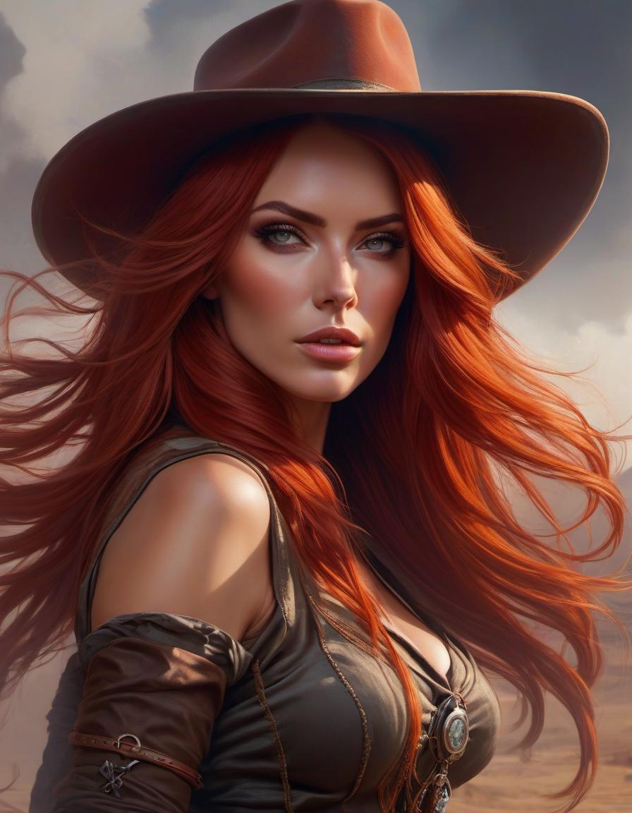  psychedelic style Wild west gunslinger, female, long red hair, beautiful face, wild west outlaw, portrait, clear details, crisp quality, cartoon style, art by artgerm, art by wlop . vibrant colors, swirling patterns, abstract forms, surreal, trippy hyperrealistic, full body, detailed clothing, highly detailed, cinematic lighting, stunningly beautiful, intricate, sharp focus, f/1. 8, 85mm, (centered image composition), (professionally color graded), ((bright soft diffused light)), volumetric fog, trending on instagram, trending on tumblr, HDR 4K, 8K