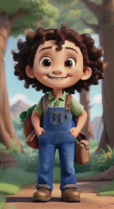  {The tree with a smiling face formed by its bark, looking down at Riley., Riley, a curious with big brown eyes and curly hair, wearing overalls and carrying a small backpack. Their friend, Skye, a bluebird with shiny feathers.