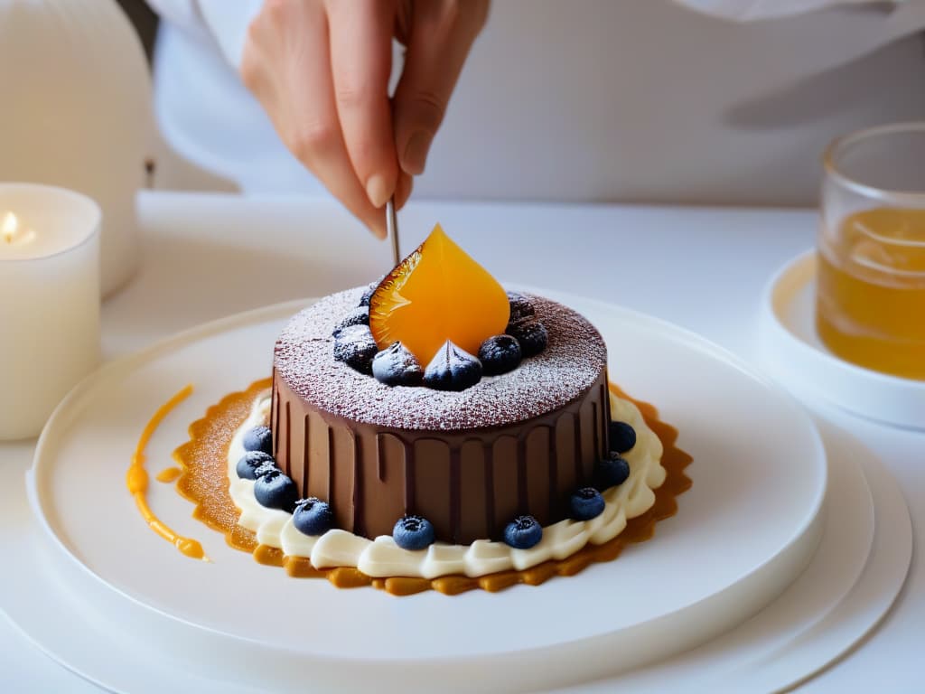  An ultradetailed image of a hand intricately decorating a gourmet dessert with delicate precision, using tools like tweezers and brushes to add personalized branding elements. The dessert is set on a sleek, minimalist white plate, with soft, focused lighting highlighting the textures and details of the dessert and the branding design being applied. The background is blurred to keep the focus on the artful customization process, creating a visually captivating and aspirational scene for the reader. hyperrealistic, full body, detailed clothing, highly detailed, cinematic lighting, stunningly beautiful, intricate, sharp focus, f/1. 8, 85mm, (centered image composition), (professionally color graded), ((bright soft diffused light)), volumetric fog, trending on instagram, trending on tumblr, HDR 4K, 8K