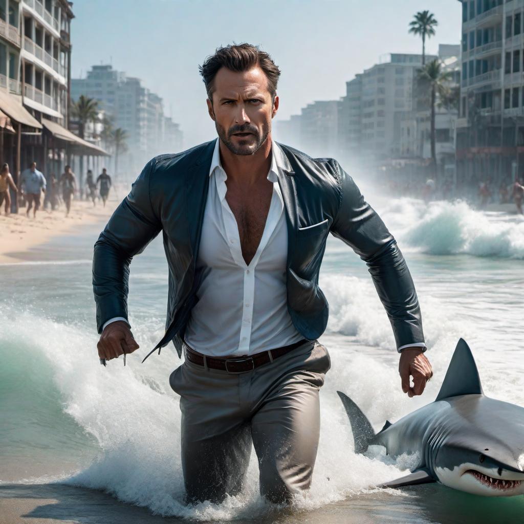  A man in his 30s running away from a shark with legs and butcher knives. The man appears panicked and is sprinting with a fearful expression on his face. The shark looks menacing as it chases after the man with a pair of butcher knives in its fins. They are in a setting that combines elements of a beach and an urban street to emphasize the surreal situation. hyperrealistic, full body, detailed clothing, highly detailed, cinematic lighting, stunningly beautiful, intricate, sharp focus, f/1. 8, 85mm, (centered image composition), (professionally color graded), ((bright soft diffused light)), volumetric fog, trending on instagram, trending on tumblr, HDR 4K, 8K