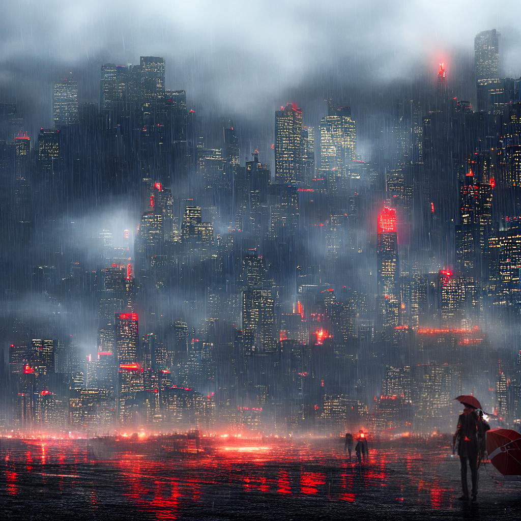  ((masterpiece)), (((best quality))), 8k, high detailed, ultra-detailed. A person, (dark clouds) looming overhead, rain pouring down, (bright red umbrella) providing shelter, (city skyline) in the background, (reflective puddles) on the ground, (people hurrying) with umbrellas. hyperrealistic, full body, detailed clothing, highly detailed, cinematic lighting, stunningly beautiful, intricate, sharp focus, f/1. 8, 85mm, (centered image composition), (professionally color graded), ((bright soft diffused light)), volumetric fog, trending on instagram, trending on tumblr, HDR 4K, 8K