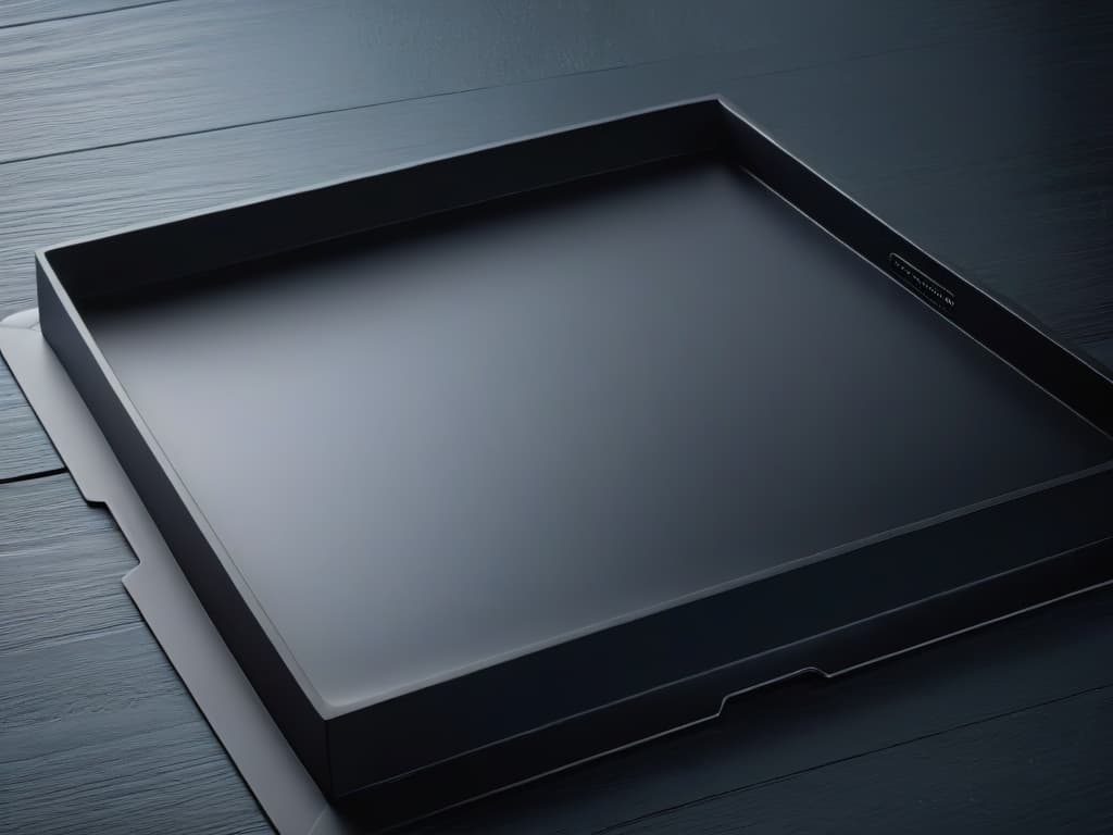  A closeup, ultradetailed image of a sleek, matte black oven tray, showcasing its immaculate surface texture and precise edges under soft, natural lighting. hyperrealistic, full body, detailed clothing, highly detailed, cinematic lighting, stunningly beautiful, intricate, sharp focus, f/1. 8, 85mm, (centered image composition), (professionally color graded), ((bright soft diffused light)), volumetric fog, trending on instagram, trending on tumblr, HDR 4K, 8K