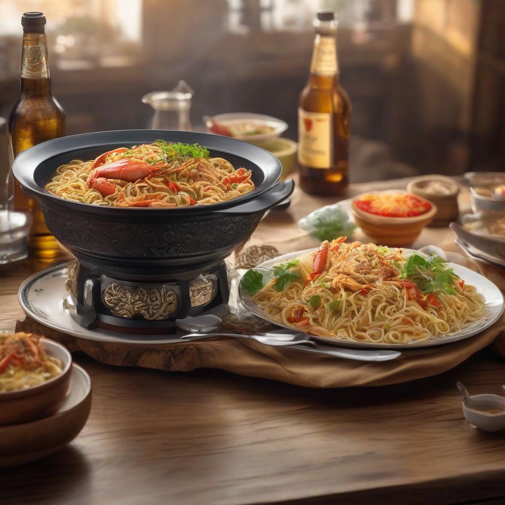  The plate of "Doshirak," a quick cooked noodle dish with a taste of crabs, is in the pot. Next to it is a glass of beer. hyperrealistic, full body, detailed clothing, highly detailed, cinematic lighting, stunningly beautiful, intricate, sharp focus, f/1. 8, 85mm, (centered image composition), (professionally color graded), ((bright soft diffused light)), volumetric fog, trending on instagram, trending on tumblr, HDR 4K, 8K