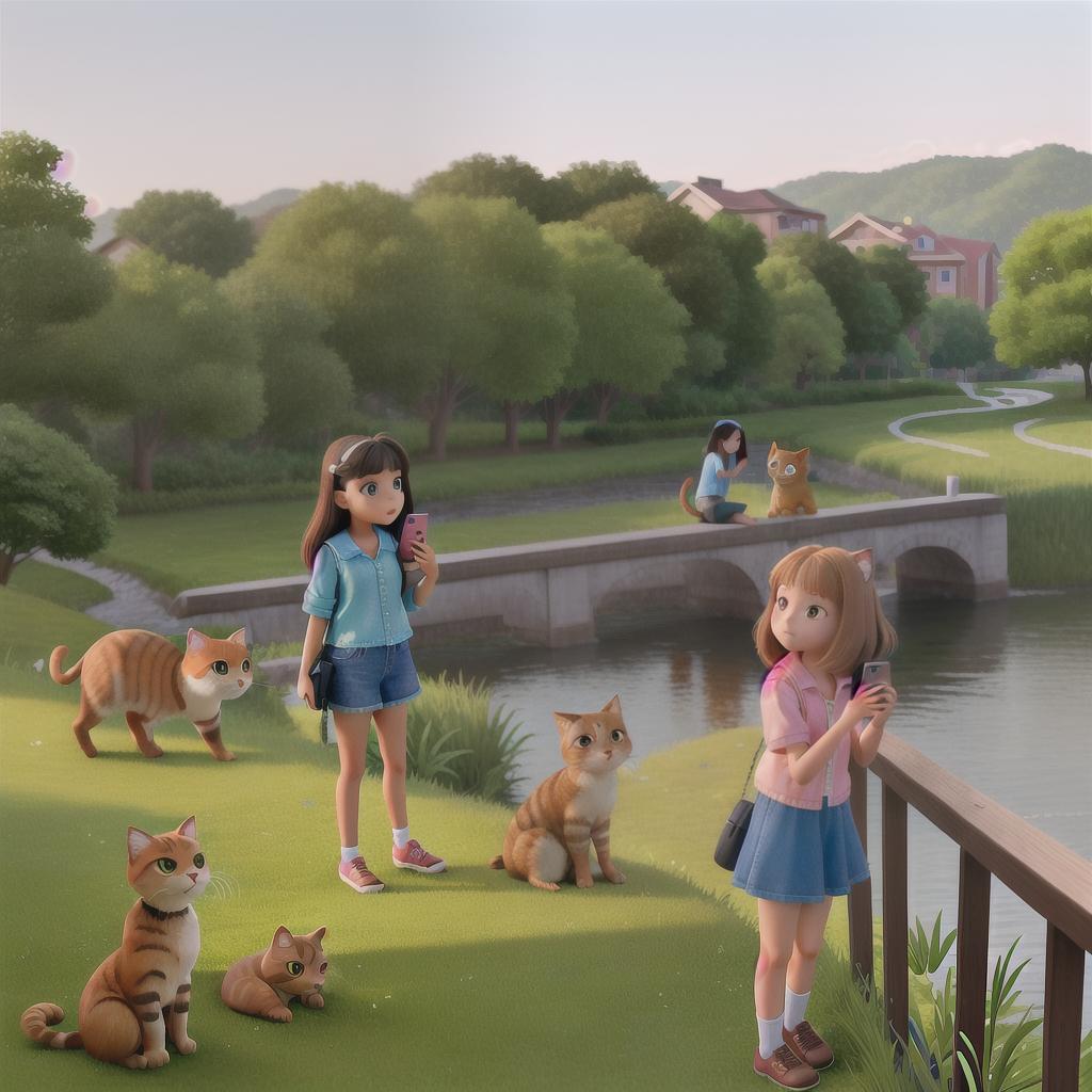  In the middle of the picture are two college girls with a brown cat lying under a railing by the river. The first girl is kneeling on the grass by the river with her cell phone to take pictures of the cat, and the second girl is standing not far away looking at her and asking,"What are you doing?"