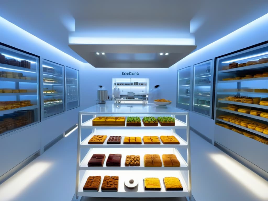  An ultradetailed 8k image of a sleek, modern dessert laboratory with stateoftheart equipment and futuristic design elements. The space is illuminated by soft, ambient lighting, casting a warm glow on the gleaming stainless steel surfaces and glass display cases showcasing innovative desserts. A team of chefs in crisp white uniforms can be seen working meticulously on intricate dessert creations, surrounded by shelves of exotic ingredients and hightech tools. The minimalist aesthetic is highlighted by clean lines, a neutral color palette, and a sense of precision and sophistication. hyperrealistic, full body, detailed clothing, highly detailed, cinematic lighting, stunningly beautiful, intricate, sharp focus, f/1. 8, 85mm, (centered image composition), (professionally color graded), ((bright soft diffused light)), volumetric fog, trending on instagram, trending on tumblr, HDR 4K, 8K