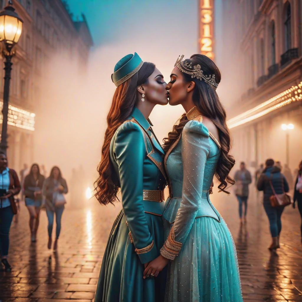  Two tall girls are kissing. hyperrealistic, full body, detailed clothing, highly detailed, cinematic lighting, stunningly beautiful, intricate, sharp focus, f/1. 8, 85mm, (centered image composition), (professionally color graded), ((bright soft diffused light)), volumetric fog, trending on instagram, trending on tumblr, HDR 4K, 8K