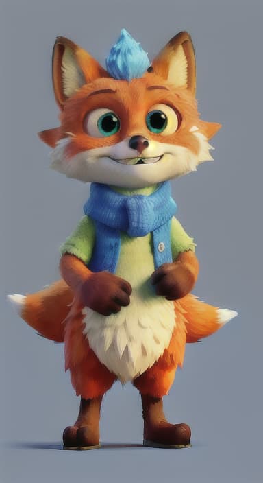  {Error the fox pressing the blue button with his paw, looking puzzled as nothing occurs., Error is a small, bright orange fox with a fluffy tail and big, inquisitive eyes. He has a mischievous yet kind expression and wears a tiny green scarf.