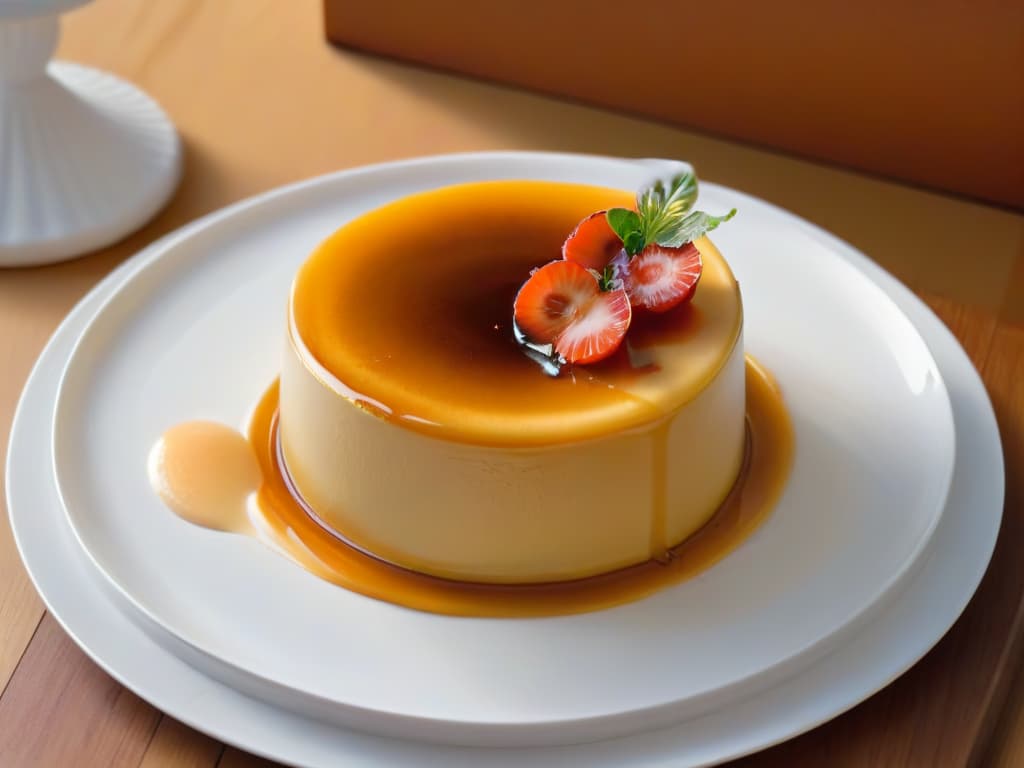  A closeup, ultradetailed image of a perfectly caramelized flan parisino resting on a delicate white porcelain plate, showcasing a flawless goldenbrown hue on the caramel layer, with a subtle reflection of the surrounding soft, diffused lighting adding a touch of elegance. The creamy custard texture is visible through a smooth, glossy surface, inviting the viewer to savor the richness of this classic dessert. The background is intentionally blurred, emphasizing the minimalist aesthetic and drawing the eye to the exquisite details of the flan. hyperrealistic, full body, detailed clothing, highly detailed, cinematic lighting, stunningly beautiful, intricate, sharp focus, f/1. 8, 85mm, (centered image composition), (professionally color graded), ((bright soft diffused light)), volumetric fog, trending on instagram, trending on tumblr, HDR 4K, 8K