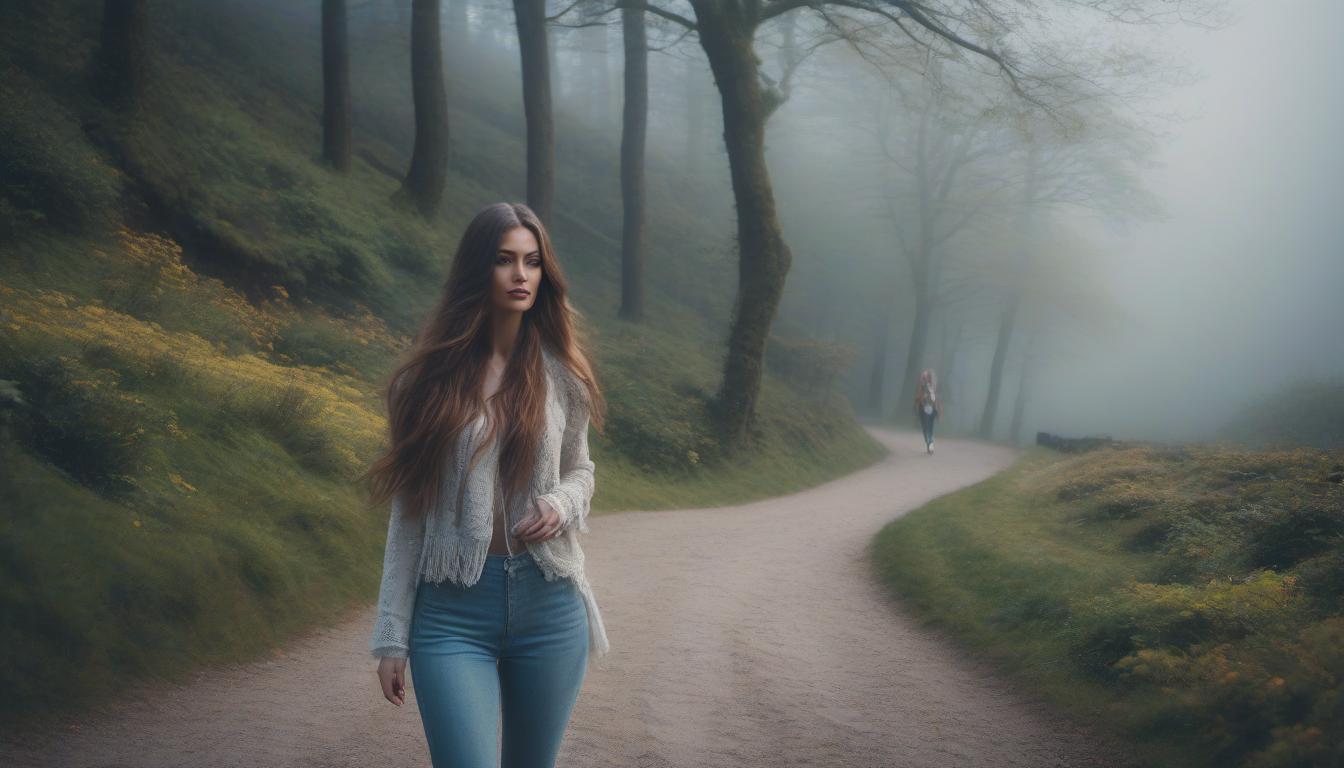  A long haired girl is walking along a winding path. hyperrealistic, full body, detailed clothing, highly detailed, cinematic lighting, stunningly beautiful, intricate, sharp focus, f/1. 8, 85mm, (centered image composition), (professionally color graded), ((bright soft diffused light)), volumetric fog, trending on instagram, trending on tumblr, HDR 4K, 8K