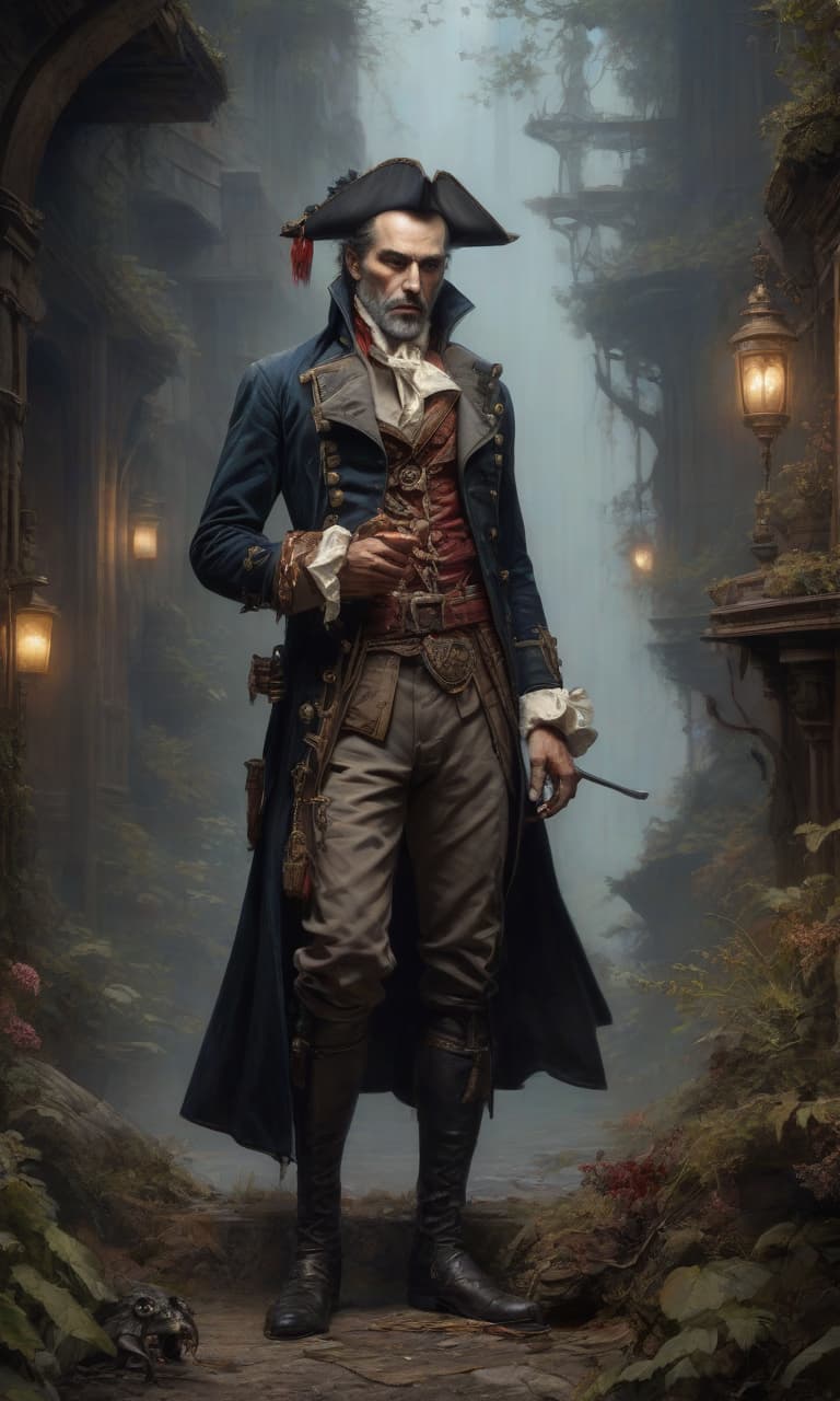  In the style of Jean Baptiste Monge, full length view, In the style of Jean Baptiste Monge, full length, closed portrait of a Victorian vampire pirate painting in a picturesque mysterious environment intricate, elegant, very detailed, centered, digital painting, art, concept art, smooth, sharp focus, illustration, arterm, tomas alen coper, Peter Moerbacher, Donato Gjancola, Joseph Christian Leyendecker, Wop Leyendecker, Wop, wlop, wop, Detailed look. soft colors, hyperrealistic, full body, detailed clothing, highly detailed, cinematic lighting, stunningly beautiful, intricate, sharp focus, f/1. 8, 85mm, (centered image composition), (professionally color graded), ((bright soft diffused light)), volumetric fog, trending on instagram, trending on tumblr, HDR 4K, 8K