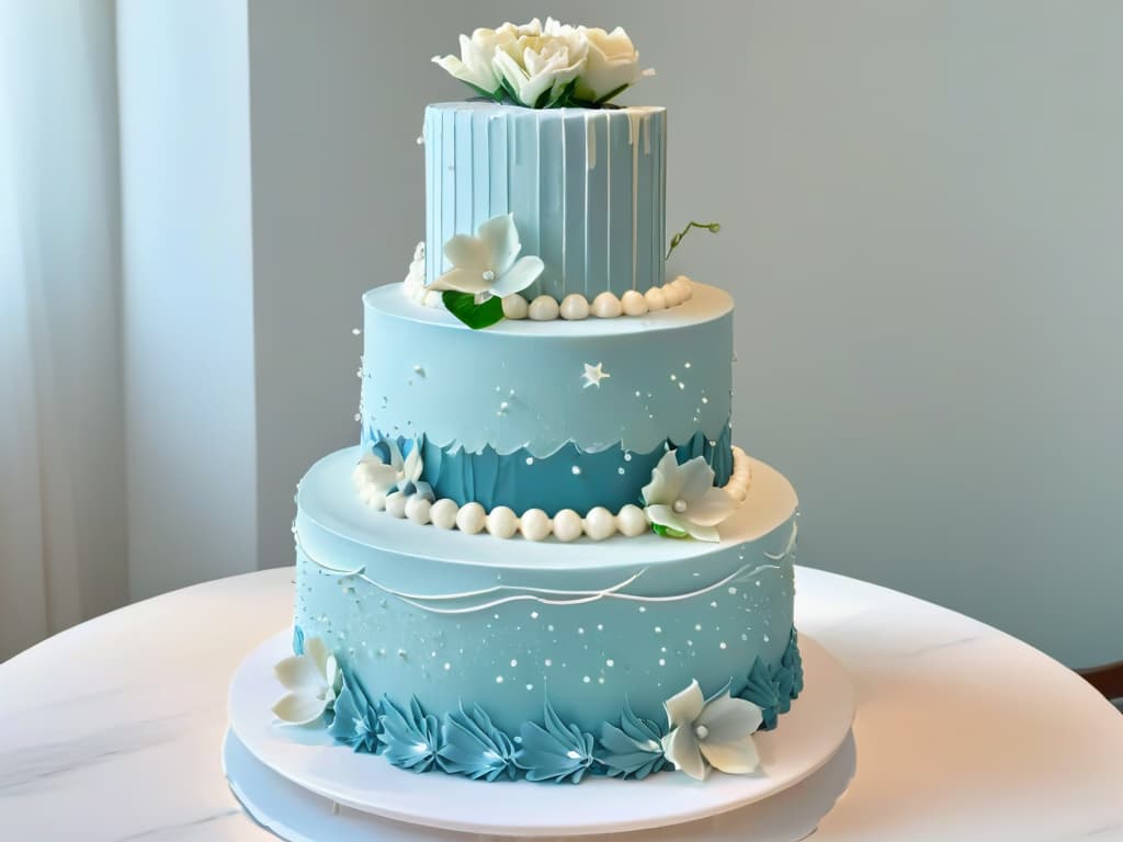  A closeup, ultradetailed image of a perfectly frosted threetiered cake, with each layer showcasing intricate piping work, delicate fondant decorations, and shimmering edible pearls. The cake is elegantly displayed on a sleek, white marble cake stand, with soft, diffused lighting emphasizing every meticulous detail, creating a visually stunning and aspirational image for pastry enthusiasts of all skill levels. hyperrealistic, full body, detailed clothing, highly detailed, cinematic lighting, stunningly beautiful, intricate, sharp focus, f/1. 8, 85mm, (centered image composition), (professionally color graded), ((bright soft diffused light)), volumetric fog, trending on instagram, trending on tumblr, HDR 4K, 8K