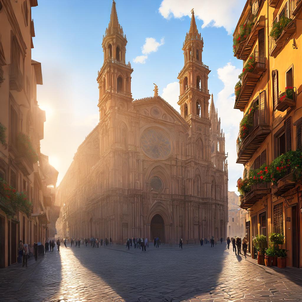  This ((masterpiece)) captures the breathtaking scenery of Palermo, Sicily. With (((best quality))), 8k resolution, and high detailed elements, the viewer will feel immersed in this vibrant cityscape. The main subject of the scene is a bustling market square, filled with colorful stalls and lively locals. The (majestic cathedral) stands tall in the background, surrounded by (narrow cobblestone streets) and (sweeping palm trees). The golden sunlight bathes the scene, casting long shadows and creating a warm, inviting atmosphere. The artist expertly blends realism with impressionism, giving the artwork a unique style. To view more of their works, visit their website: www.exampleartist.com. hyperrealistic, full body, detailed clothing, highly detailed, cinematic lighting, stunningly beautiful, intricate, sharp focus, f/1. 8, 85mm, (centered image composition), (professionally color graded), ((bright soft diffused light)), volumetric fog, trending on instagram, trending on tumblr, HDR 4K, 8K