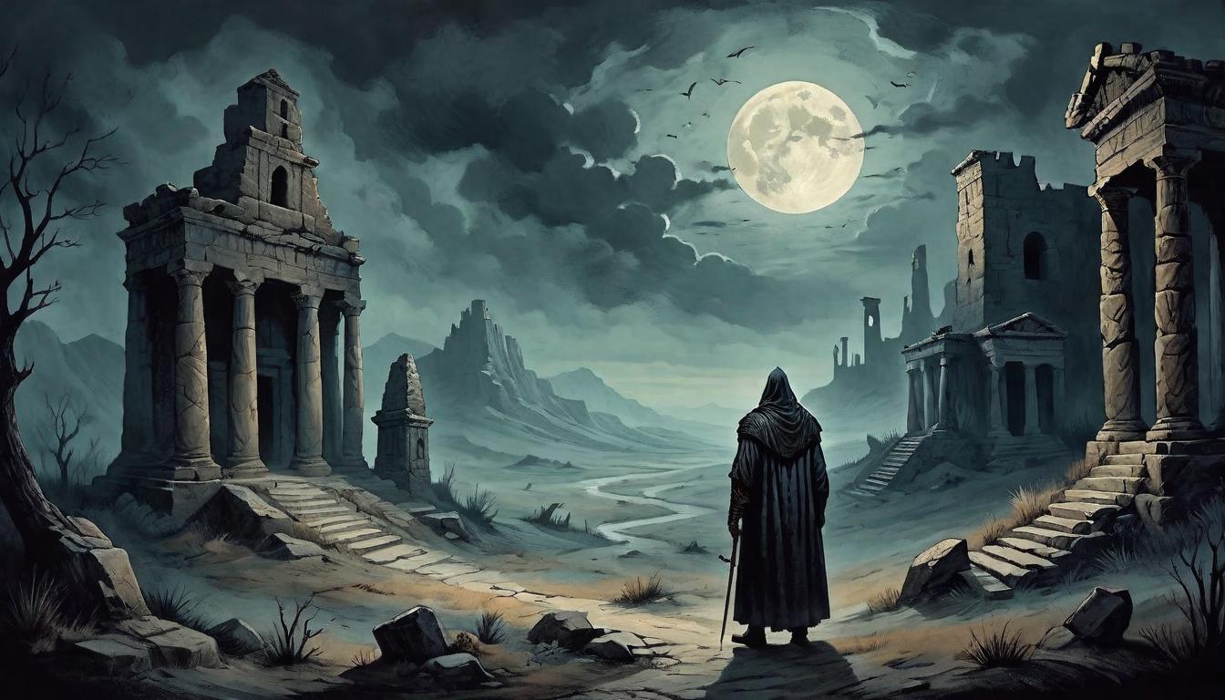  on parchment, surrealism+++, Darkened landscape, shadowy figures lurking, ancient ruins shrouded in moonlight, ominous atmosphere, vigilant, foreboding(mysterious, provocative, symbolic,muted color)+++