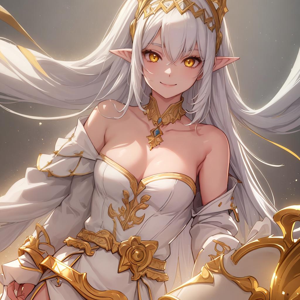  1girl, solo, upper body, from behind, white hair, long hair, gold hairband, pointy ears, gold collar, yellow eyes, looking at viewer, smile, beige sweater, collarbone, off shoulder, strapless, white background, simple background,,(8K, high resolution), (masterpiece, best quality:1.2), highres, perfect anatomy,light particles, soft lighting, volumetric lighting, intricate details, finely detailed