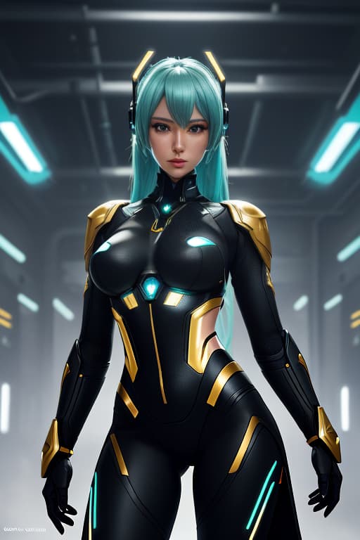  cgmech, beautiful eyes, upper body, underboob, portrait, robot, armor, Hatsune Miku, neon light, 8K, RAW, best quality, masterpiece, ultra high res, colorful, (medium wide shot), (dynamic perspective), sharp focus , (depth of field, bokeh:1.3), extremely detailed eyes and face, beautiful detailed eyes,large breasts,(black gold, trimmed gear:1.2),(In a futuristic weapons factory:1.2), ((masterpiece, best quality)), <lora:more details:0.3> Detailed background, spaceship interior <lora:Niji:0.5> hyperrealistic, full body, detailed clothing, highly detailed, cinematic lighting, stunningly beautiful, intricate, sharp focus, f/1. 8, 85mm, (centered image composition), (professionally color graded), ((bright soft diffused light)), volumetric fog, trending on instagram, trending on tumblr, HDR 4K, 8K