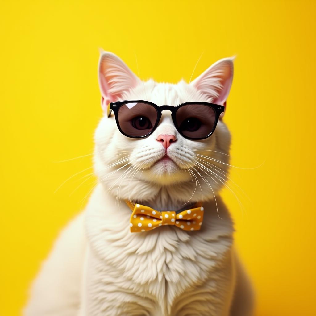  good quality, high quality, white british cat are wear sunglass and shirt in concept summer on the yellow background