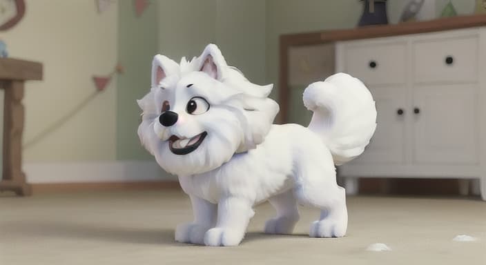  {A fluffy white dog chasing a ball., The first dog is fluffy with long ears and a waggly tail.