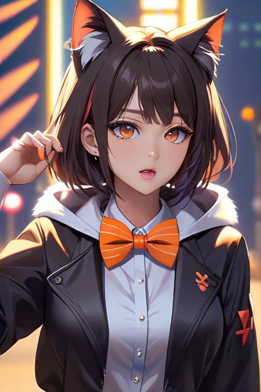  masterpiece, best quality, 1, solo, animal ears, bow, teeth, jacket, tail, open mouth, brown hair, orange background, bowtie, orange nails, simple background, cat ears, orange eyes, blue bow, animal ear fluff, cat tail, looking at viewer, upper body, shirt, uniform, hood, striped bow, striped, white shirt, black jacket, blue bowtie, fingernails, long sleeves, cat , bangs, fangs, collared shirt, striped bowtie, short hair, tongue, hoodie, sharp teeth, facial mark, claw pose hyperrealistic, full body, detailed clothing, highly detailed, cinematic lighting, stunningly beautiful, intricate, sharp focus, f/1. 8, 85mm, (centered image composition), (professionally color graded), ((bright soft diffused light)), volumetric fog, trending on instagram, trending on tumblr, HDR 4K, 8K