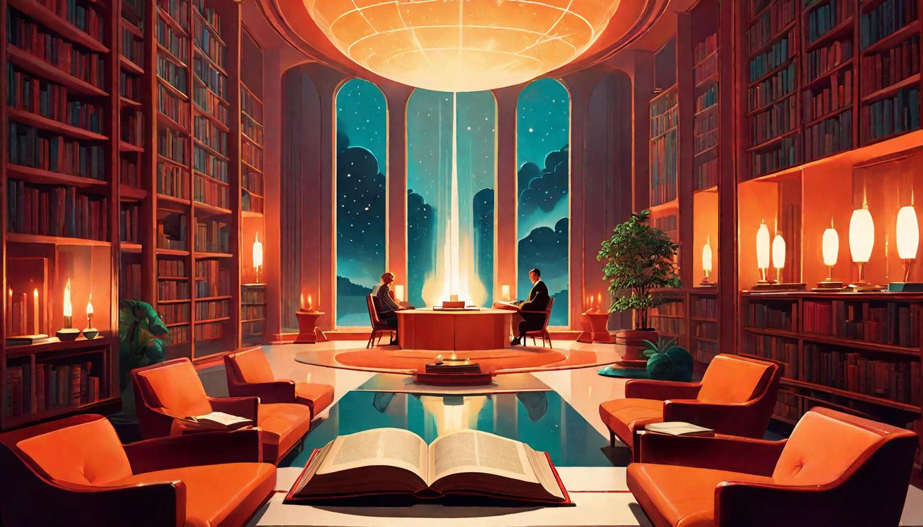  retro futuristic A candlelit room filled with open books and parchment, representing the sharing of stories to illuminate paths, atmosphere warm and contemplative, light gentle and inviting, space sacred and filled with potential. lvintage sci fi, 50s and 60s style, atomic age, vibrant, highly detailed