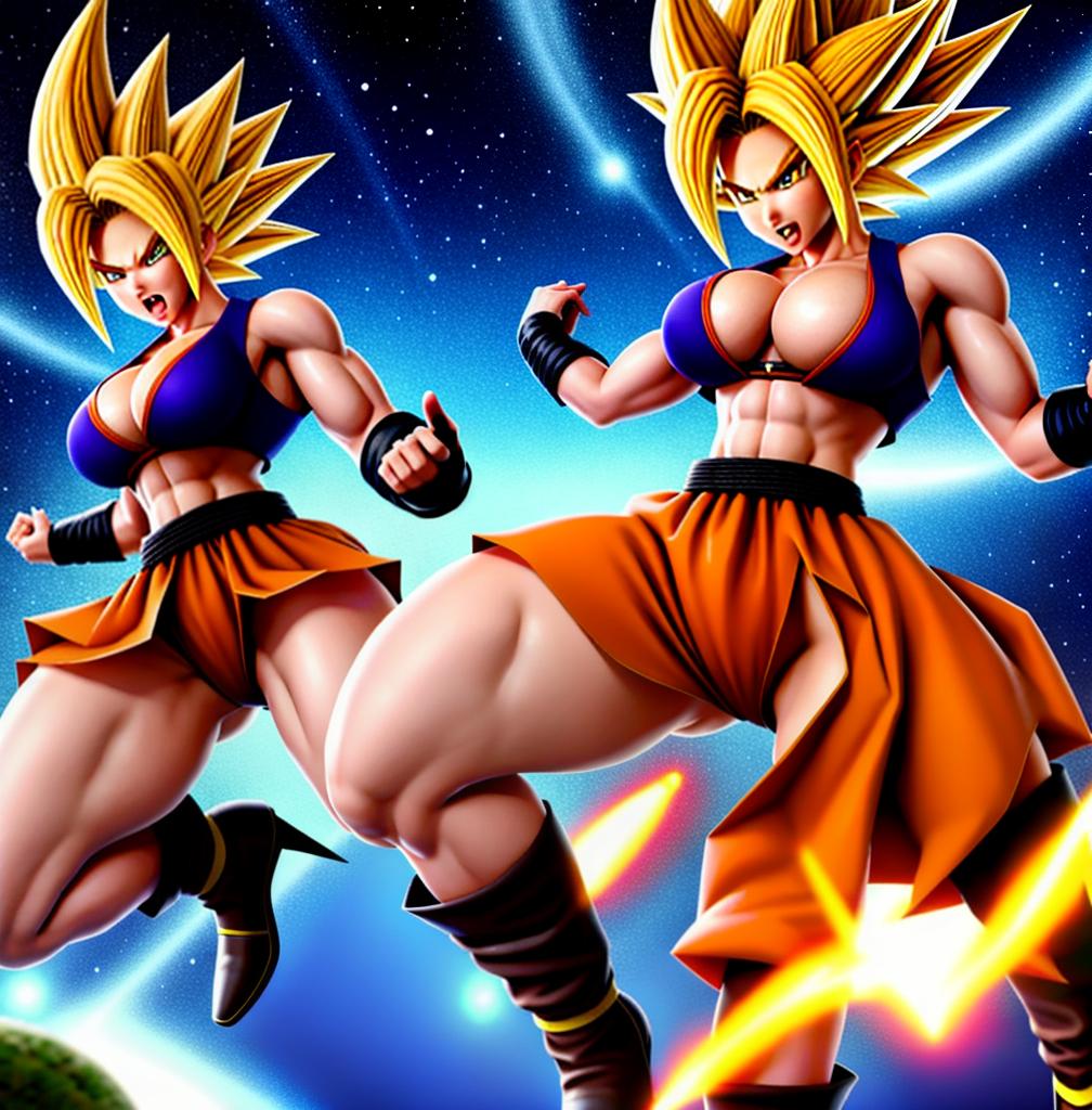  ((foto de cuerpo completo, pie plano, cuerpo recto)), ((laura {Super Super Saiyan mujer con grandes pechos})), ((lleva puesto son goku+Los disfraces de ella son extremadamente ajustados a su cuerpo.))