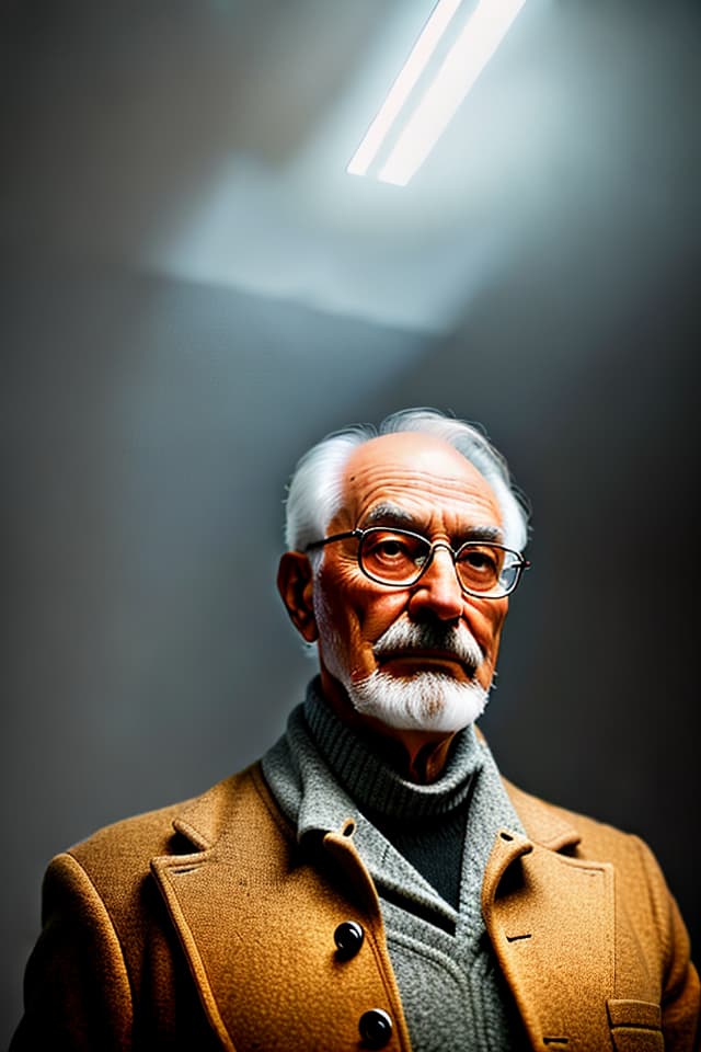  Photo, portrait, creative and innovative spirit, grandpa, apartment, attic, studio light hyperrealistic, full body, detailed clothing, highly detailed, cinematic lighting, stunningly beautiful, intricate, sharp focus, f/1. 8, 85mm, (centered image composition), (professionally color graded), ((bright soft diffused light)), volumetric fog, trending on instagram, trending on tumblr, HDR 4K, 8K