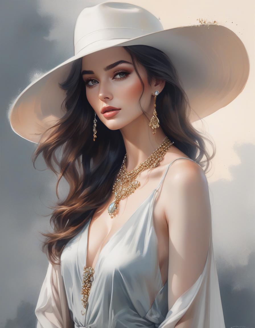  minimalist style painting of a woman wearing a hat with a necklace, exquisite digital illustration, elegante pintura digital, linda pintura de persona gem, beautiful digital illustration, estilo de pintura digital, linda pintura digital, linda arte digital, no estilo aquarela, pintura linda, no art style by bowater, a beautiful art illustration, no estilo de aquarela digital, with ink blots and paint running down the screen . simple, clean, uncluttered, modern, elegant hyperrealistic, full body, detailed clothing, highly detailed, cinematic lighting, stunningly beautiful, intricate, sharp focus, f/1. 8, 85mm, (centered image composition), (professionally color graded), ((bright soft diffused light)), volumetric fog, trending on instagram, trending on tumblr, HDR 4K, 8K