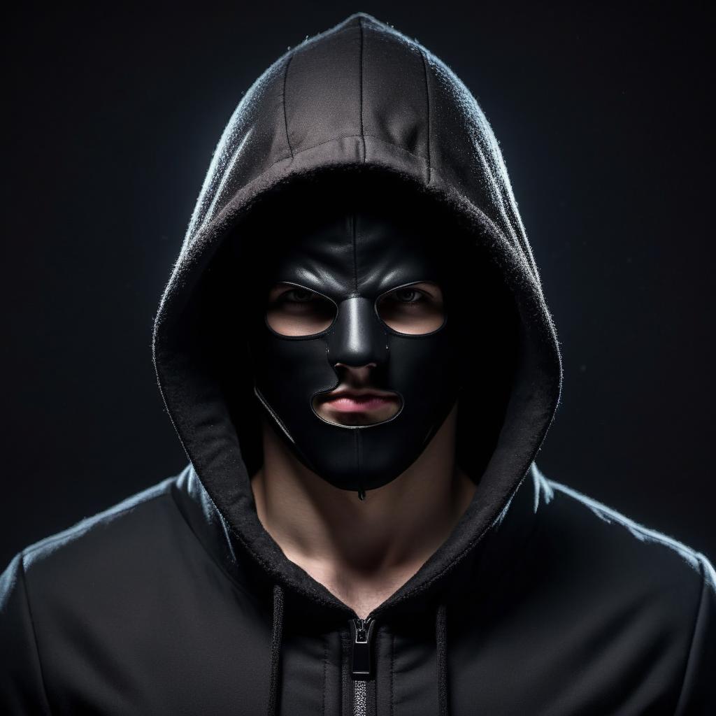  a man in a hood, his face covered with the black mask on mouth, night, turned sideways, dark jacket, super visualization.